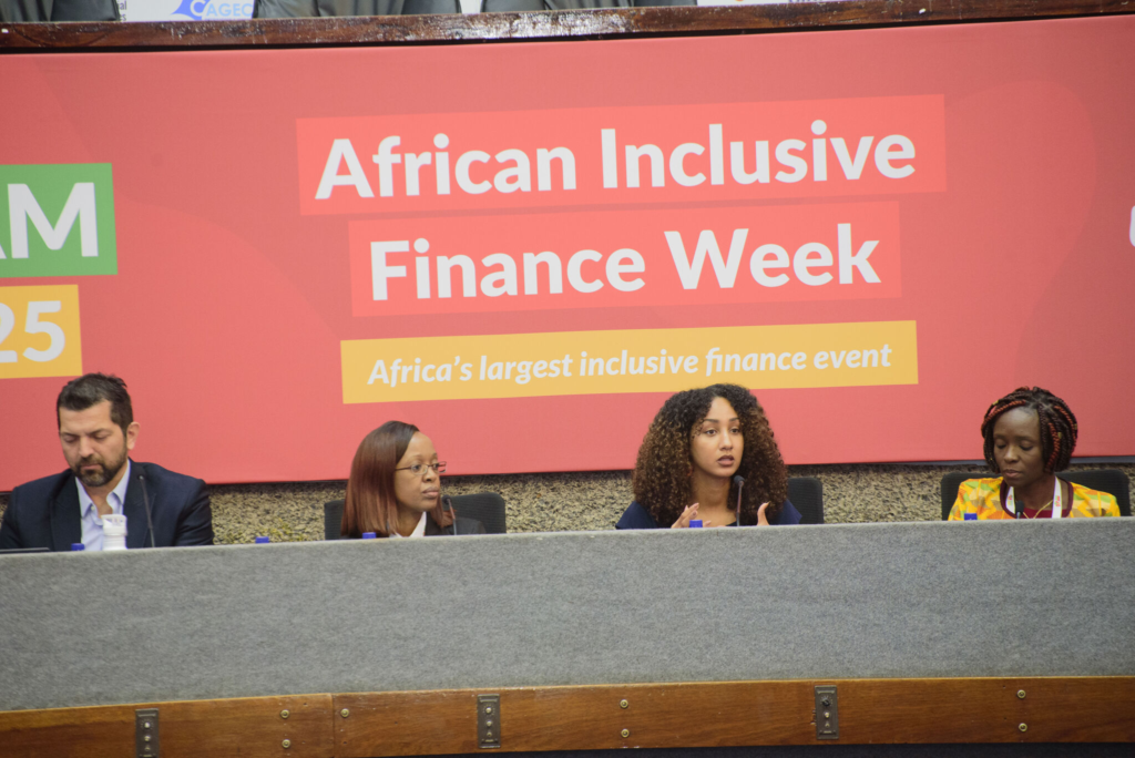 A  woman speaking during a plenary session at African Inclusive Finance Week